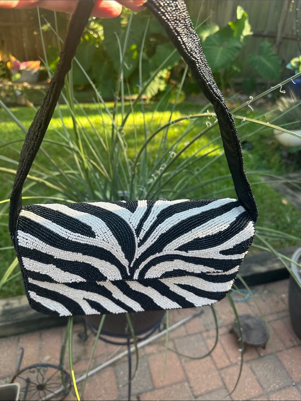 Zebra-Pattern Beaded Clutch Wristlet in Black & White Handmade in India